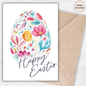 Bright Floral Easter Egg Printable Card - Colorful Spring Digital Greeting, Happy Easter Card, Instant Download, Hand-Painted Easter Art