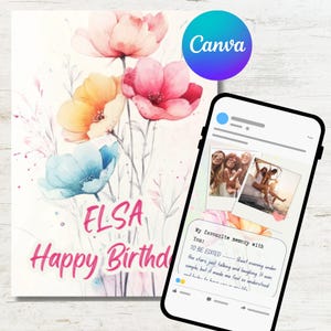 Gepersonaliseerde aquarel verjaardagskaartsjabloon voor Canva | Bewerkbare kaart met persoonlijke notities en foto's | Leuke kaart met aquarelbloemen