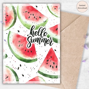 Bonjour pastèque d'été imprimable - Carte de voeux aquarelle de fruits rouges juteux pour les journées ensoleillées, décoration estivale ou cadeau numérique | Téléchargement instantané