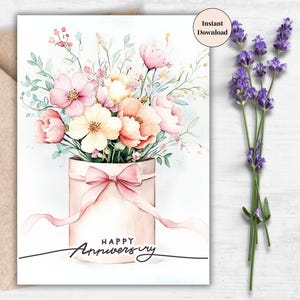 Tarjeta de aniversario con flores de cinta pastel: tarjeta imprimible romántica y suave para ella, esposa o novia / Saludo digital de amor con acuarela suave