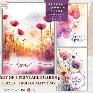 Paquete de 3 diseños de tarjetas de felicitación de San Valentín para imprimir en acuarela / Amapolas rojas de amor / Descarga digital / Tarjeta electrónica con diseño moderno y elegante