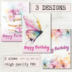 Cartão de aniversário aquarela para impressão – cartão para impressão, download digital, instantâneo, design floral, para ela, pacote de cartões de presente de aniversário