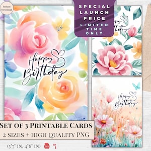 Cartões de aniversário florais minimalistas - Conjunto de saudações para impressão - Presente digital em aquarela | Pastel Meadow | Impressão de arte com padrão floral | Bright Bday
