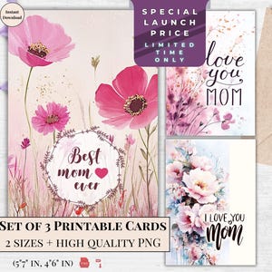Ensemble de cartes imprimables Meilleure maman de tous les temps - aquarelle florale pour la fête des mères - cadeau numérique je t'aime maman - fleurs sauvages roses téléchargement immédiat