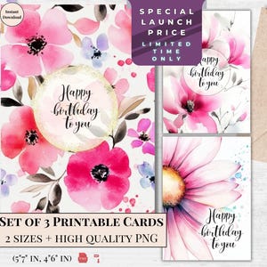 Blumen Geburtstagskarte Set | Geburtstagskarten für Sie zum ausdrucken | Süßes Aquarell Design, Karte zum sofort herunterladen | Blumenmuster Magnolie