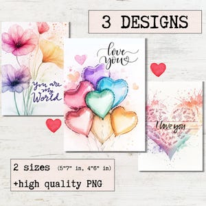 Ti amo biglietto d'auguri Acquerello Biglietti d'auguri stampabili per San Valentino Pacchetto di 3 design / Download digitale / Ecard Cuore Design moderno ed elegante