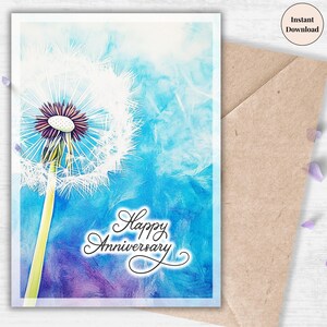 Blue Dandelion Anniversary Card – Modern Watercolor Printable For Him Or Her, Fresh And Unique Digital Greeting Card | For Husband or Wife