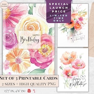 Impresionante juego de tarjetas de cumpleaños con flores silvestres en acuarela, saludo digital hecho a mano, elegante regalo de cumpleaños imprimible para su esposa
