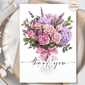 Lavender & Pink Bouquet Thank You Card – Watercolor Printable Greeting for Bridesmaids, Friends or Family | Thoughtful Gift for Co-worker