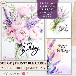 Juego de tarjetas de cumpleaños con lavanda y peonía / Elegantes tarjetas florales imprimibles / Descarga instantánea / Deseos de cumpleaños en acuarela pastel / Peonía de lavanda