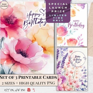 Conjunto de cartões de aniversário florais | Cartões de feliz aniversário imprimíveis para ela, design floral pastel, download instantâneo, peônias e prado de lavanda