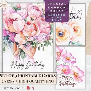 Juego de tarjetas de cumpleaños florales: elegante ramo de peonías y flores de acuarela. Tarjetas de felicitación imprimibles. Descarga instantánea para momentos especiales.