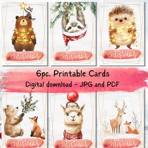 Paquete de 6 tarjetas navideñas imprimibles / Animales del bosque caprichosos en acuarela / Tarjeta electrónica de felicitación festiva / Descarga instantánea / Tarjeta navideña