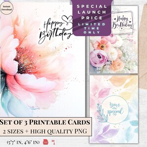 Conjunto de 3 cartões de aniversário de buquê | Cartões de feliz aniversário para impressão para ela, peônias florais em tons pastel, download instantâneo de cartão eletrônico | Celebração de aniversário