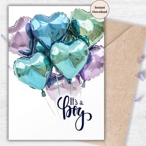 It’s a Boy Blue Heart Balloon Card – Bold Baby Boy Printable with Shiny Balloons for Announcement and Shower | Instant Download for New Mom