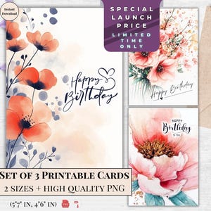 Cartão de aniversário de papoulas vermelhas - Cartão eletrônico de feliz aniversário para impressão com design floral minimalista | Download instantâneo para ela | Cartão de buquê de flores