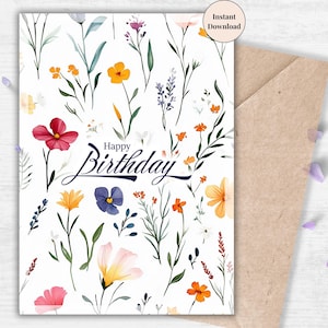 Wildflower Birthday Card Printable – Elegant Floral Birthday Card for Women, Digital Minimalistic Nature-Inspired Greeting with Garden Feel