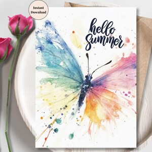 Hello Summer Butterfly Printable Card – Colorful Watercolor Greeting, Summer Wall Art, Instant Download, Digital Postcard for July Vibes