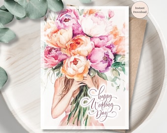 May include: Watercolor illustration of a wedding card featuring a bouquet of pink, orange, and purple peonies. The card has the text "Happy Wedding Day" in elegant script. A brown envelope is included.