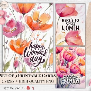 Afdrukbare kaartenset Happy Women's Day – bloeiende bloemengroet, krachtige berichten, sterk vrouwencadeau, digitale download | Vrouwendagcadeau