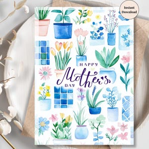 Mother's Day Card with Potted Plants – Botanical Printable for Moms Who Love Nature, Houseplants, and Watercolor Aesthetic Decor | Best Mum