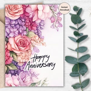Carte numérique d'anniversaire romantique avec accents floraux - Carte de voeux à imprimer pour elle, femme, partenaire ou parents, cadeau sentimental pour les couples