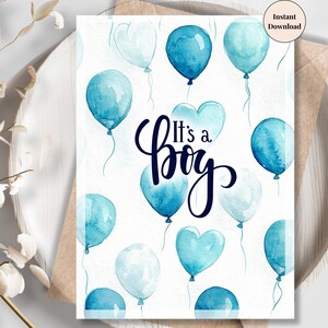 It’s a Boy Heart Balloons – Blue Baby Announcement Printable Card for Shower, Newborn Reveal | Instant Download for Future Parents, New Mom