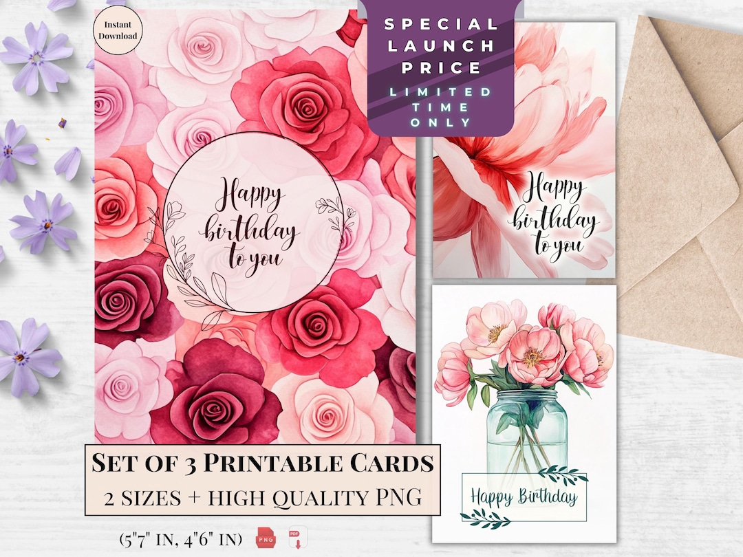 Watercolor Floral Birthday Card Set: Peonies & Roses (digital Download ...