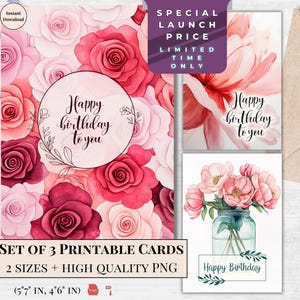 Juego de tarjetas de cumpleaños con acuarela / Tarjetas de feliz cumpleaños florales imprimibles para ella / Peonías y rosas rojas pastel / Ramo de flores Descarga digital