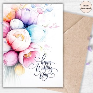 "Aquarell ""Happy Wedding Day"" zum ausdrucken - weiche Pastell Blumenkarte, digitale Karte, romantische Ehe Andenken, gerade geheiratet, sofort Download."