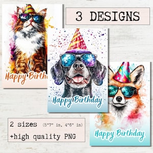 Cartão de aniversário Aquarela Animais legais Cartões de felicitações para impressão Pacote de 3 designs | Download digital | Ecard Aniversário Design moderno e elegante