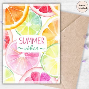 Summer Vibes Citrus Printable Greeting Card – Colorful Watercolor Fruit Pattern, Fun Lemon Lime Orange Wall Art or Card Instant Download