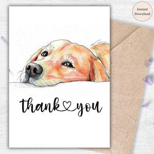 Golden Retriever Thank You Card – Printable Dog Appreciation Card for Pet Lover, Teacher, Family, Friend or Animal Care Gifts for Her or Him