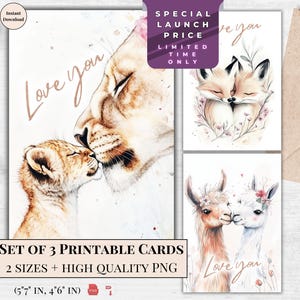 Paquete de 3 diseños de tarjetas de felicitación de San Valentín para imprimir en acuarela / Linda tarjeta electrónica de acuarela de animales salvajes / Descarga digital / Diseño suave en tonos pastel
