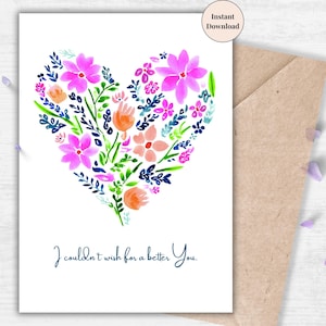 Printable Happy Birthday Card Set – Watercolor Floral Heart Card, Romantic Printable, Her or Him, Digital Greeting, Thoughtful Wall-Art Gift