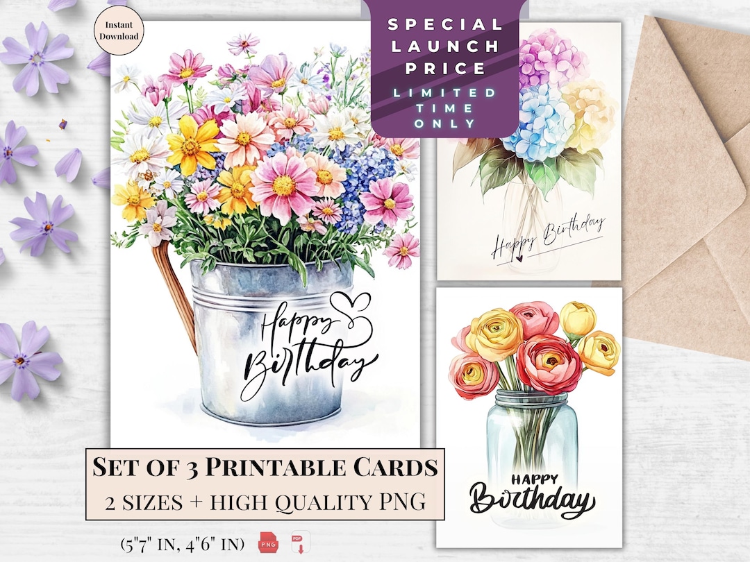 Floral Bouquet Birthday Card Set (digital Download) - Etsy