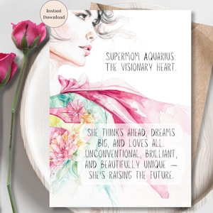 Aquarius Mom Wall Art Printable | Personalized Zodiac Download | Pastel Elegant Mother's Day Gift | Air Sign Supermom Artwork | Stunning Art