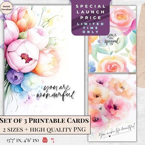 Juego de tarjetas florales imprimibles: tarjetas de felicitación "Eres maravilloso" - Regalo motivacional en acuarela pastel - Descarga digital instantánea / Arte floral