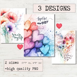 Tarjeta de amor con acuarela para imprimir. Tarjetas de felicitación de San Valentín. Lote de 3 diseños. Descarga digital. Tarjeta electrónica. Diseño moderno y elegante con forma de corazón.