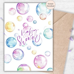 Printable Baby Shower Card – Rainbow Bubble E-Card for Girl or Boy, Playful Digital Gift for New Parents, Mom-to-Be Invite | New Mum Gift