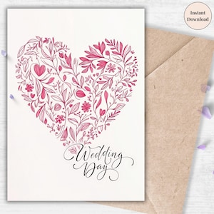 Hochzeit Herz Printable - Elegante Blumen Liebe Gruß, Digitale Heiratsgeschenk, Aquarell Brautpaar Andenken, Instant Download, rosa Karte