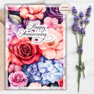 Red Rose Anniversary Card - Digital Download Printable Card with Bold Flowers, Romantic Keepsake for Couple | Celebrating Years together