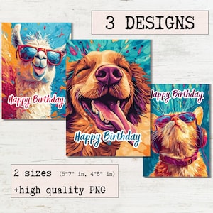 Cartão de aniversário Aquarela Animal engraçado Cartões de felicitações para impressão Pacote de 3 designs | Download digital | Ecard Aniversário Design moderno e elegante