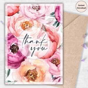 Vintage Peony Thank You Card – Printable Watercolor Floral Design for Family, Friend, Loved One, Customer or Everyday Heartfelt Gratitude