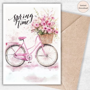 vélo rose printanier de Zazzle.be Liste d'envies Vous avez des idées ? Carte de voeux florale imprimable | Art vintage de bicyclette | Note de Pâques | Joli cadeau de saison | Téléchargement numérique instantané