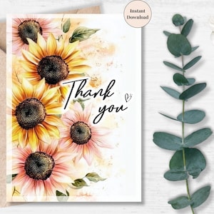 Sunflower Thank You Card Printable – Bold Rustic Watercolor Gratitude Note for Friends, Colleagues, Teachers or Clients | Gift Print at Home