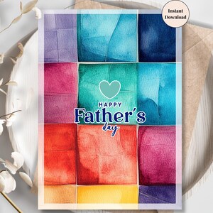 Happy Father's Day Card – regenboog patchwork aquarel blokken, afdrukbare leuke kaart voor papa, unieke digitale vaderdag kunst | Cadeau voor papa