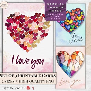 Pacote de cartões de felicitações de dia dos namorados para impressão em aquarela com 3 designs | Corações de amor | Download digital | Ecard Heart Design elegante e moderno