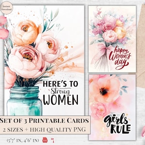 Druckbare Karten zum Internationalen Frauentag - Vintage-Blumenstrauß, zarte Aquarellrosen, Frauenpower-Zitate, feministische Kunst, digitaler Download