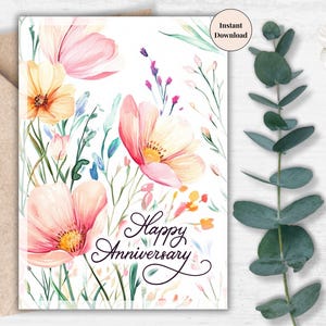 Cartão de aniversário de aquarela com papoulas – Cartão floral romântico para impressão para um ente querido, casal, celebração de casamento ou marco especial